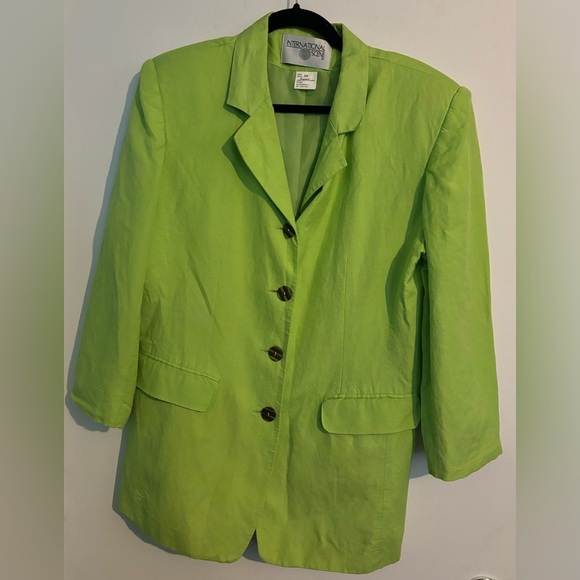 Vintage International‎ Scene Womens Lime Green Linen Blend 3/4 Sleeve Blazer 14 - Picture 1 of 9